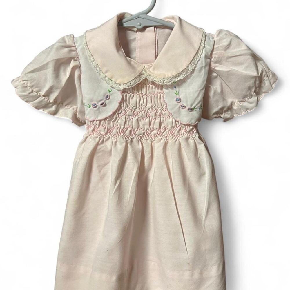 12-18 months pink and cream vintage baby girl dress with Peter Pan collar